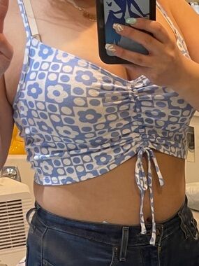 Garage Light Blue and White Floral Ruched Drawstring Crop